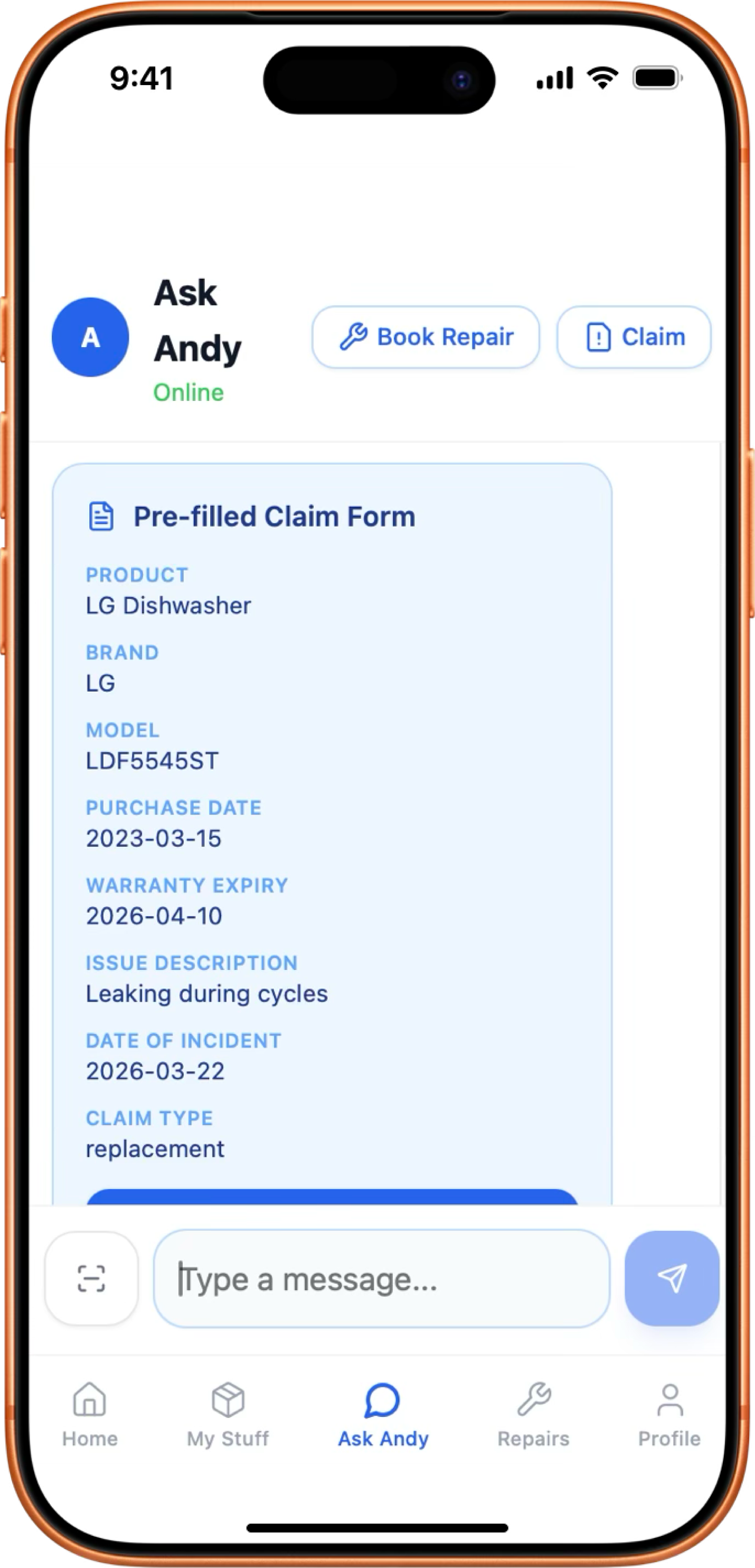 OwnWise pre-filled claim form